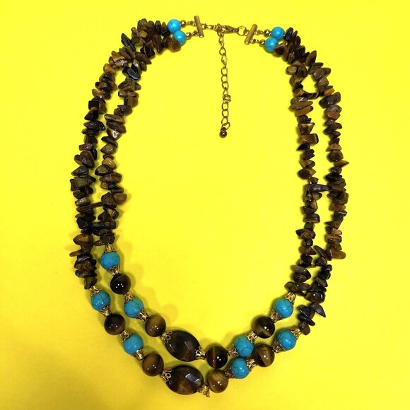 Gemstone Tiger Eye Beaded Necklace 19 in. Double Strand Earthy Boho Healing - Picture 4 of 9